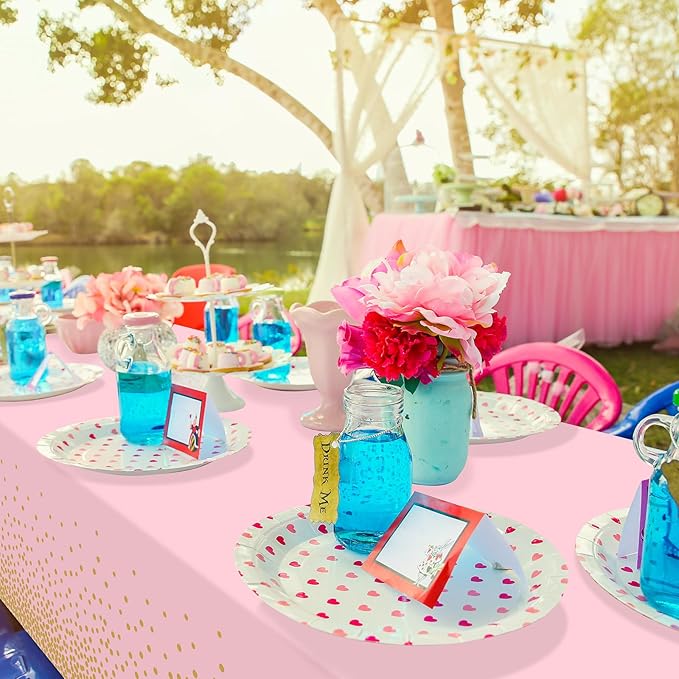 FunnyPars 4 Pack Pink and Gold Plastic Tablecloth for Parties, Pink Disposable Table Cloth for Rectangle Tables, Gold Dot Confetti Light Pink Tablecloth for Birthday Wedding Baby Shower Party, 54x108