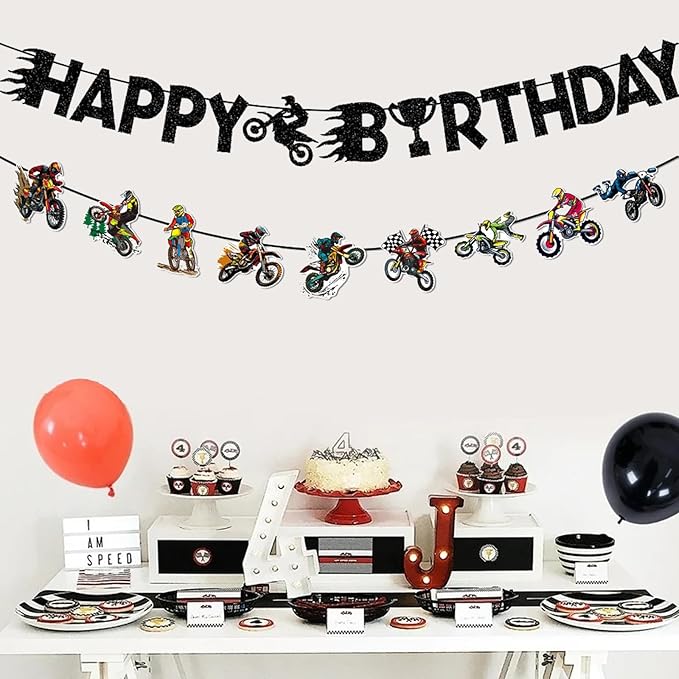 Zwiebeco Motorcycle Happy Birthday Party Decoration Banner Bunting Garland Hanging Paper for Harley Inspired Dirt Bike Racing Theme Boys Girls Men Women Kids Adults Birthday Decor Accessories Supplies