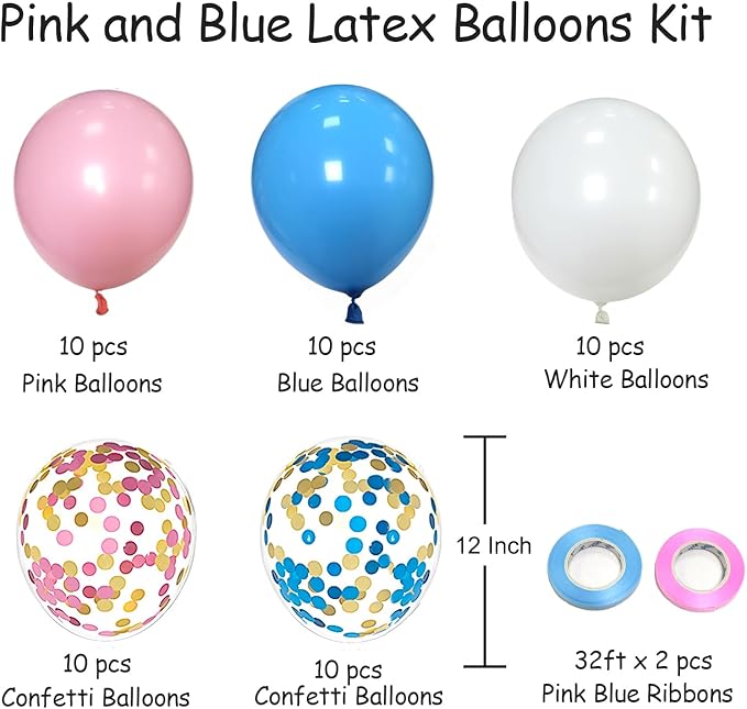 Pink & Blue Latex Balloon Set - 12 Inch Gender Reveal Balloon Pink and Blue Balloons for Gender Reveal, Birthday, Wedding & Bridal Shower Decor