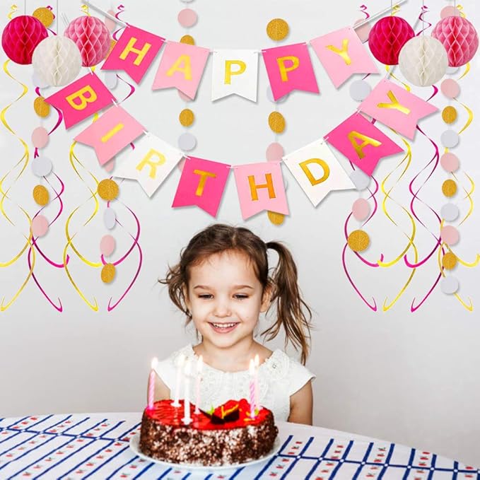 Pink Birthday Decorations with Happy Birthday Banner, Paper Honeycomb Balls, Circle Garland and Hanging Swirl Decorations
