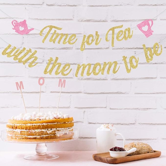 Cheereveal Pink Gold Glitter Tea with Mom to Be Banner, Vintage Teacup Teapot Printed Sign for Afternoon Tea Baby Shower Pregnancy Announcement Gender Reveal Party Decorations Supplies
