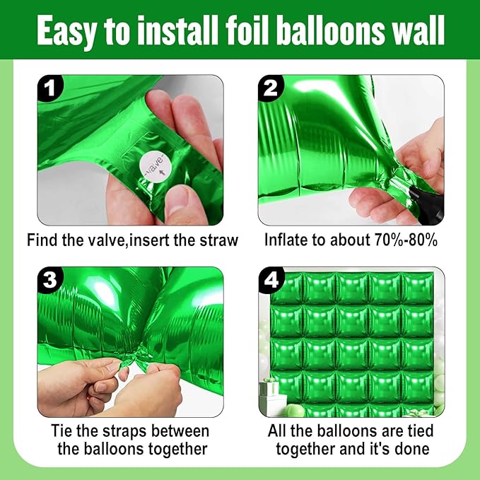 50Pcs Green Square Foil Balloons Wall Backdrop, Double Sided Metallic Foil Balloons Tunnel Arch Garland Kit for Photo Booth Birthday Wedding Halloween Christmas Party Decorations
