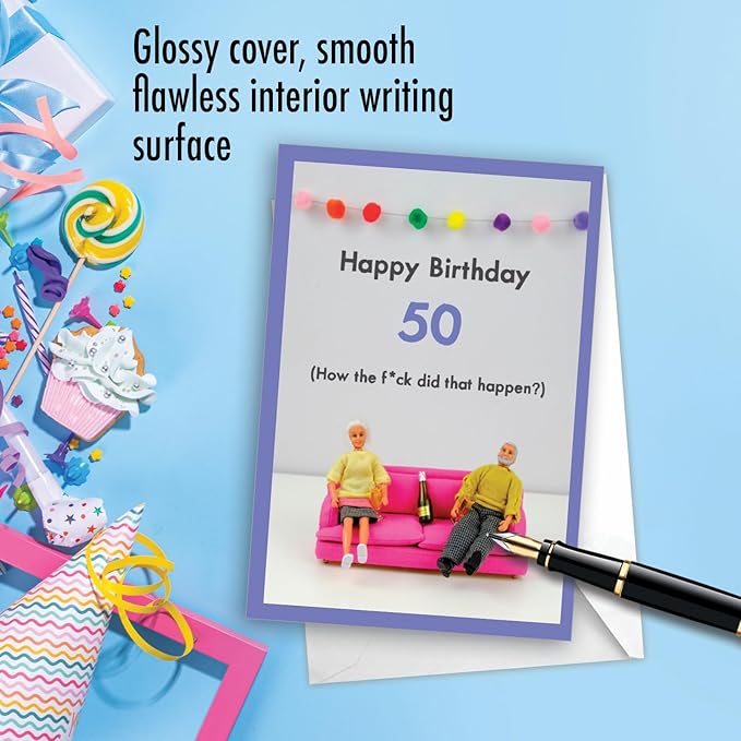 NobleWorks - 50th Funny Card for Birthday - Milestone Bday of 50 Years, Celebrate and Congrats Notecard with Envelope - How Did 50 Happen C7323MBG