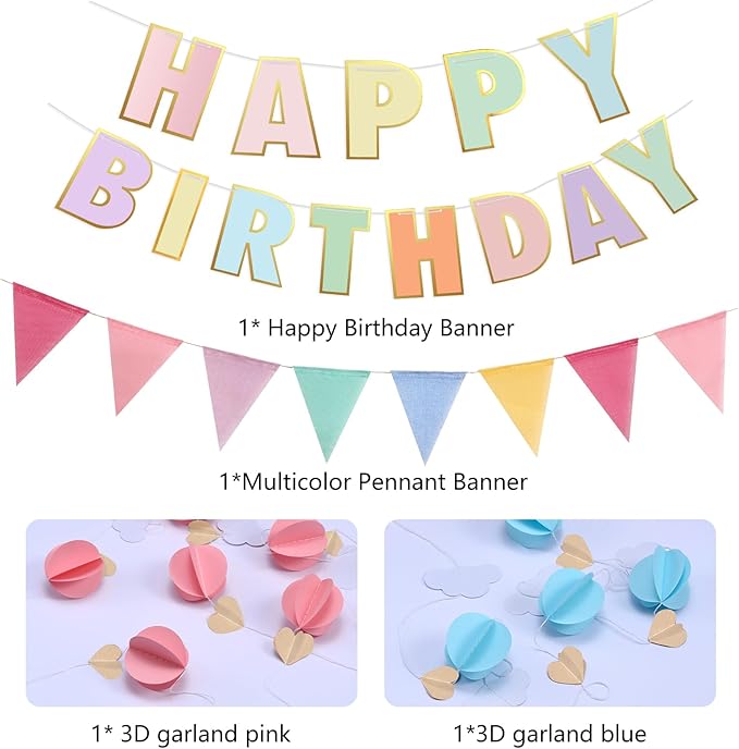 Pre-Strung Happy Birthday Banner and Decorations - Girls Toddler Birthday Decorations - 3D Garland with Pennant Banner Flags Pastel