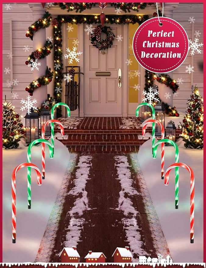 Christmas Candy Cane Pathway Markers Lights, Outdoor Christmas Decorations for Yard Patio Porch Garden Walkway, Candy Cane Christmas Decor with 48 LED, 8 Pack (Red & Green)