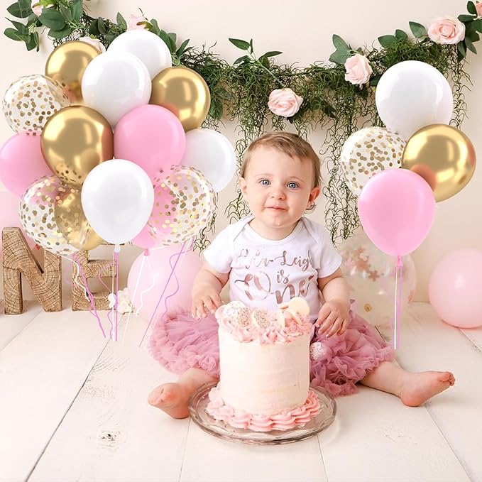 Patimate Pink Gold Confetti Balloons Set, 50 pcs 12 inch Metallic Gold Pastel Pink White Confetti Latex Balloons Kit for Birthday Baby Shower Girl Princess Party Decorations