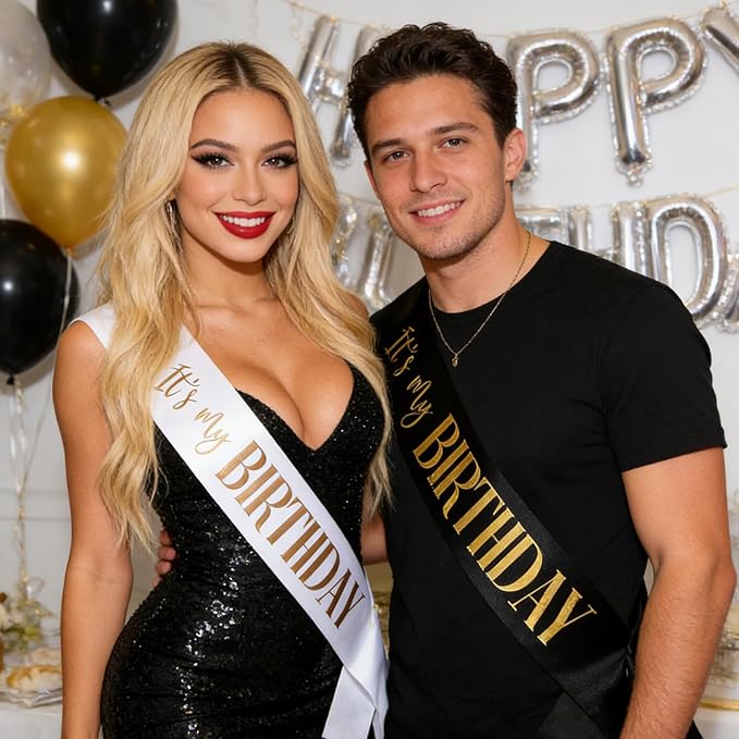 2 Pack It's my Birthday Sash for Women Men Adult Girls Kids Happy Birthday Decorations Accessories Gifts Black and White Sashes with Gold and Rose Gold Lettering