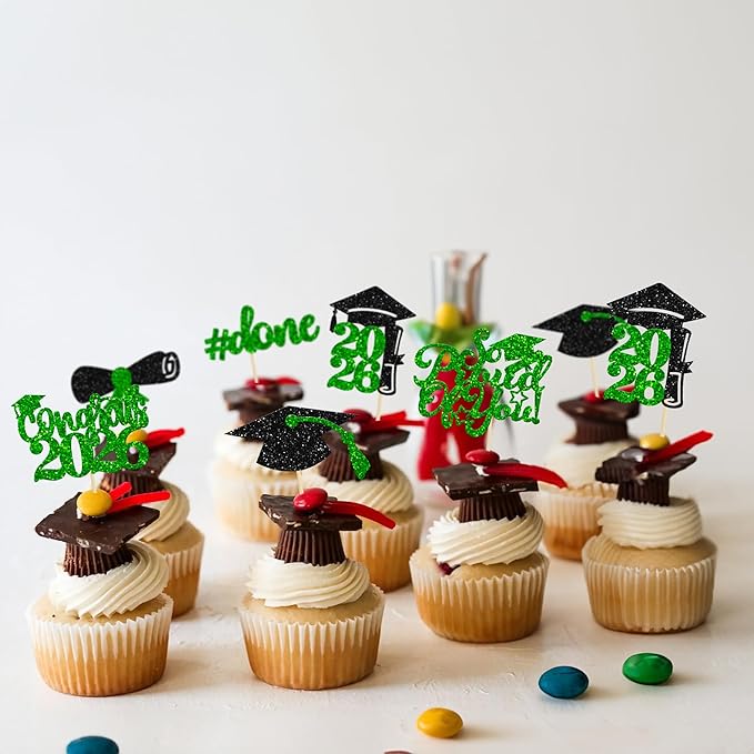 Gyufise 24Pcs Graduation Cupcake Toppers 2026 Glitter Class of 2026 Cupcake Toppers So Proud of You Congrats Grad Cap Diploma Cupcake Picks for Graduation Party Decorations 2026 Green