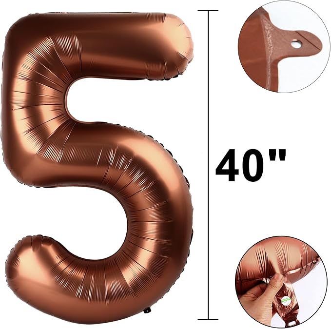 40 Inch Dark Brown Balloon Number 5 Balloon Chocolate Jumbo Mylar Foil Helium Balloon for 15 25 35 50 Big Giant Jumbo Huge Foil Mylar Balloons 55th 65th Birthday Balloons Men Women Party Decorations