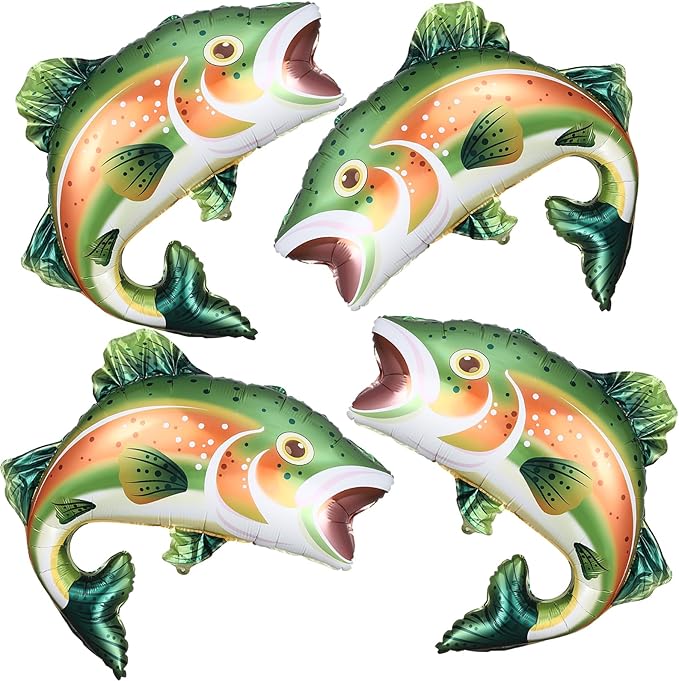 Rainbow Trout Fish Balloons 4pcs 27inch Fishing Foil Balloons for O-fishally One Fishing Themed Birthday Baby Shower Father's Day Party Decoration