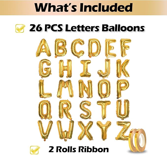 [26 Pcs] 16" Letter Gold Foil Balloons A-Z set, Mylar Aluminum Hanging Alphabet for Graduation Birthday Party Decorations New Year eve