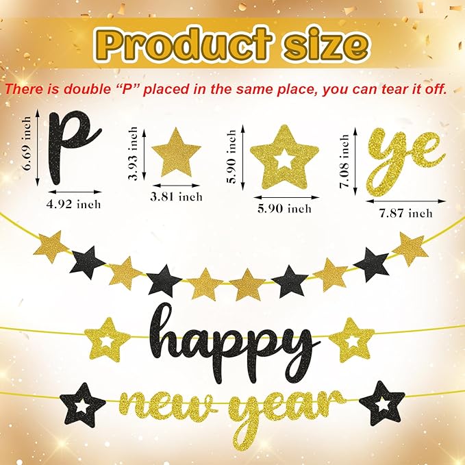 Happy New Year Banner, 2026 New Years Eve Party Supplies NYE Sign Decorations with Stars for Mantle Fireplace Holiday Decor