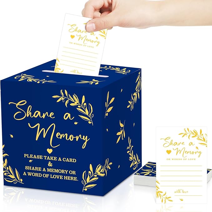 Pajean 50 Pcs Share a Memory Cards for Collections of Life, Memory Cards Box for Guest Ideas Funeral Graduation Wedding Bridal Shower Birthday Anniversary Retirement(Blue,Gold,Trendy)