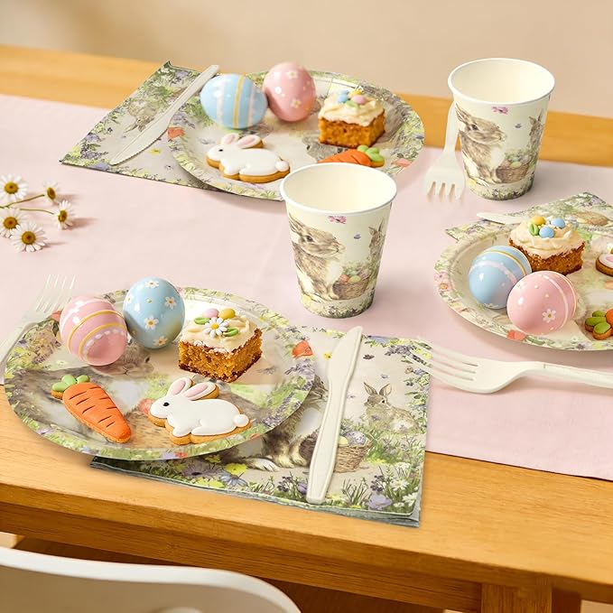 Easter Paper Plates Decorations - 168Pcs Bunny 9" Dinner Plates 7" Dessert Plates 9 OZ Paper Cups Napkins Set Cutlery Happy Easter Rabbit Party Supplies Serves 24
