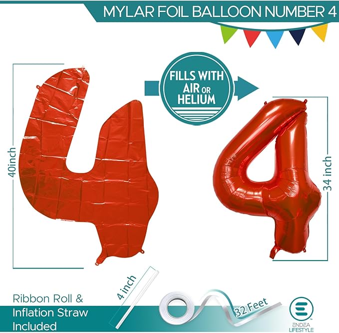 40 Inch Large Red Number Celebration and Decoration Balloon for Birthday Parties, Graduations, Anniversaries, Weddings, Photo Shoots, Special Events - Helium Foil Mylar (Red Number 4)