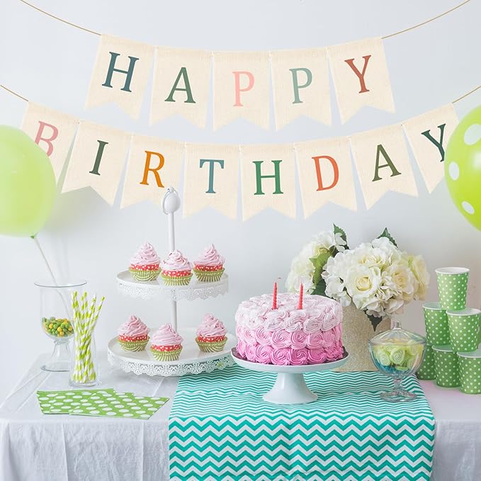 Doumeny Happy Birthday Burlap Banner Boho Birthday Garland Bunting Sage Green Pink Bohemian Party Hanging Flag White Happy Birthday Party Bunting Garland for Women Men Birthday Kid Photo Backdrop