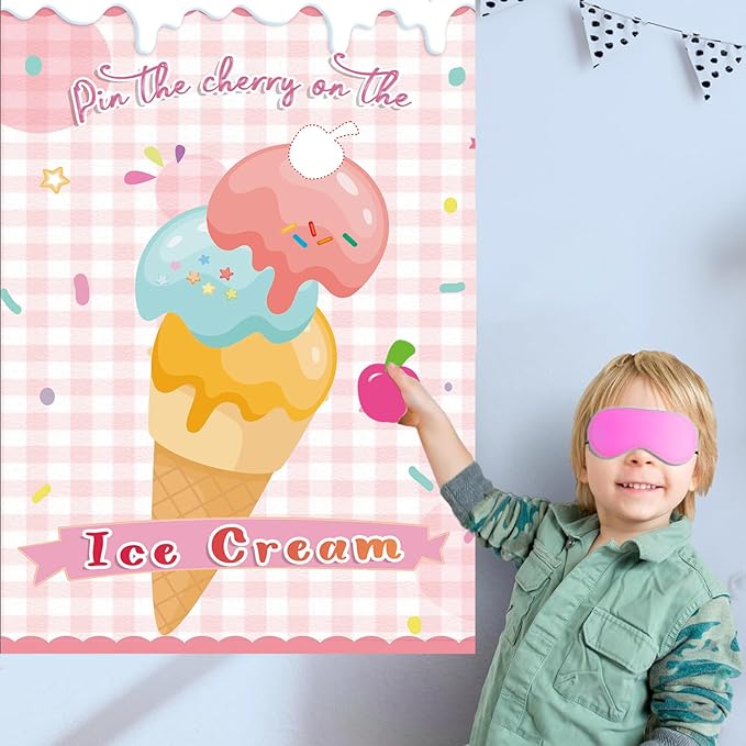T-Antrix Pin The Cherry on The Ice Cream Game -Ice Cream Party Game with 21'' x 28'' Poster, Reusable Cherry Sticker Carnival Party Supplies Kids Birthday Party Favor Sets
