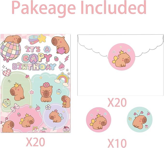 Capybara Birthday Party Invitations, Cute Capybara Birthday Invitations For Boys Girls, Birthday Invites, Theme Birthday Party Decorations, 20 Invitations with 20 Envelopes