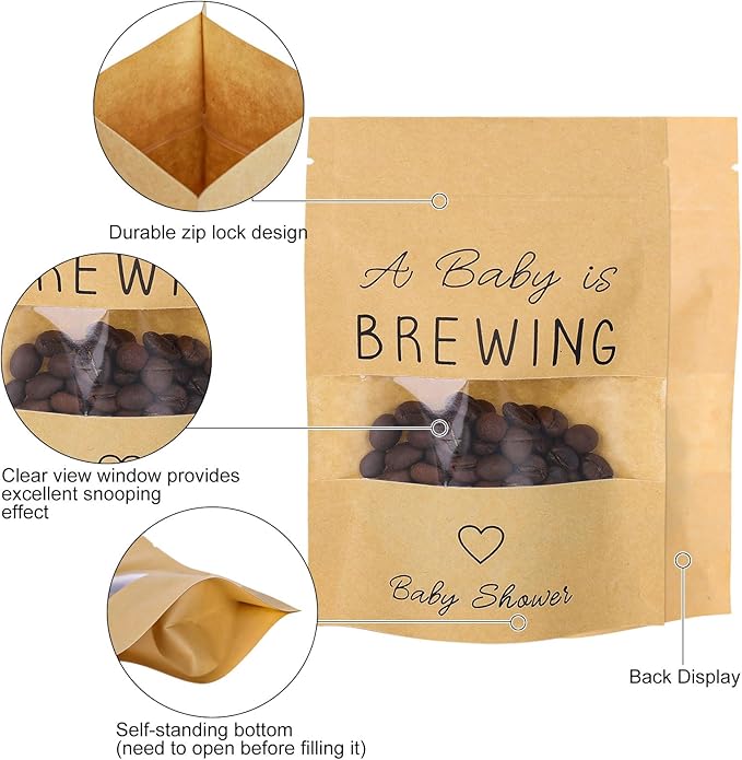 Whaline 50 Pack Kraft Resealable Bags Mini Coffee Baby Shower Favor Bag A Baby is Brewing Stand Up Pouches Bag with Window for Gender Reveal Party Donuts Goodie Candy Gifts Supplies, 3.9 x 5.9 In
