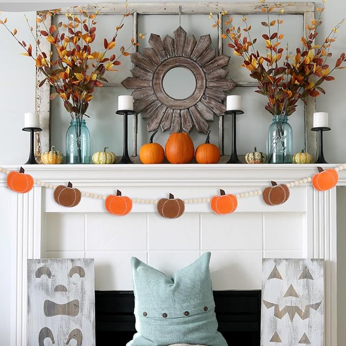 DAZONGE Thanksgiving Decorations for Home, Felt Pumpkin Bead Garland for and Wood Bead for Thanksgiving Decor, Fall Banner for Mantle Wall Decor