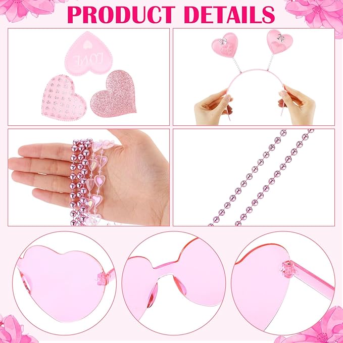 Kanayu 36 Pcs Valentine's Day Accessories Set Include 12 Heart Headbands 12 Glasses and 12 Heart Beaded Necklace for Valentine Props Party Costume Supplies Accessory (Pink)