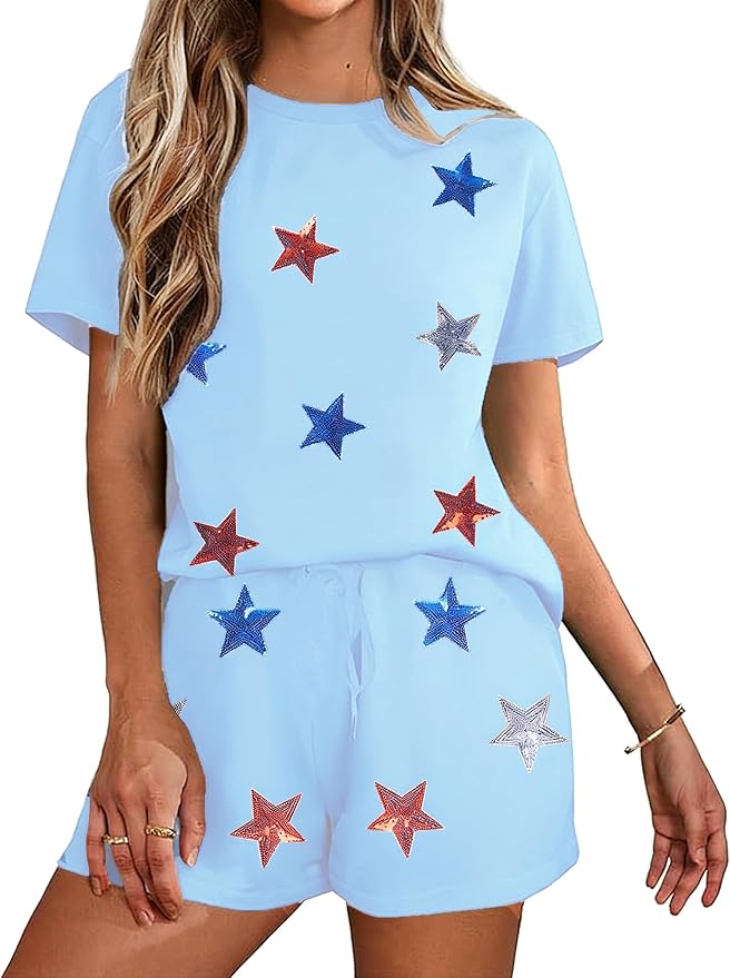 VILOVE 4th of July 2 Piece Sequin Outfits Women 250 Anniversary Usa Shirts and Short Sets Casual Patriotic Shirt Summer Set