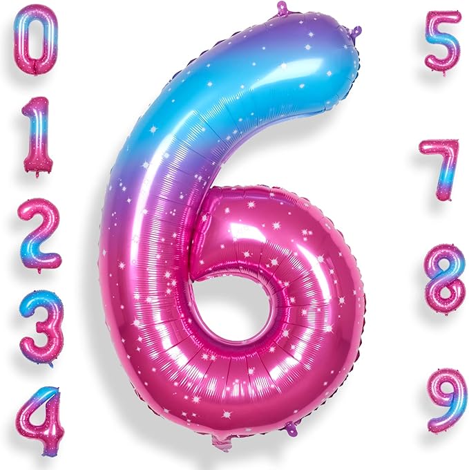 6 Balloon Number 40 Inch for Boy or Girl Big Starry 0-9 Foil Mylar Large 6 Number Balloon Happy 6th Birthday Party Anniversary Decorations Supplies