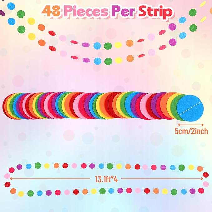 Oudain 4 Pcs Colorful Felt Garland Party Decorations 13 ft Circle Dots Fabric Round Hanging Rainbow Decorations for Birthday Wedding Baby Shower Classroom Streamers Party Supplies