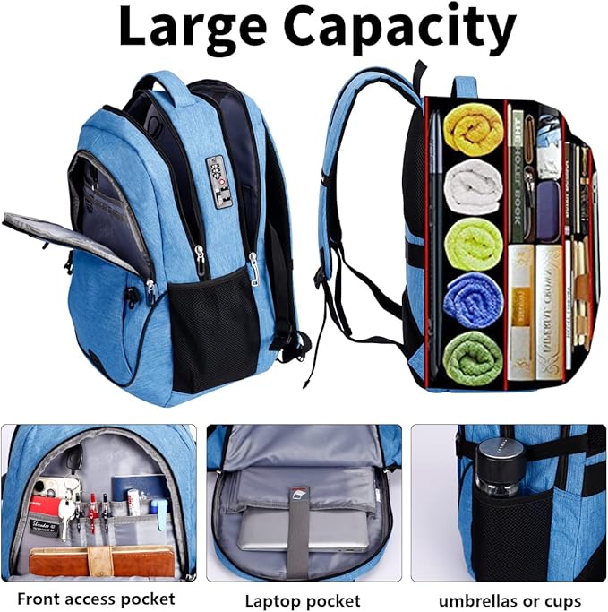 SHRRADOO Anti Theft Laptop Backpack Travel Backpacks with Combination Lock for Women Men High School College Backpack Computer Bag Fits 17 Inch Laptop,Sky Blue