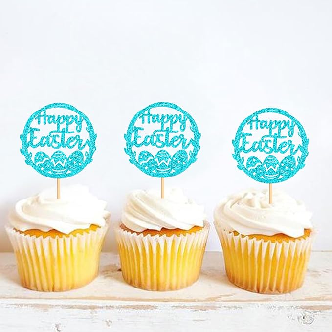 Ercadio 24Pcs Happy Easter Cupcake Toppers Glitter Blue Happy Easter Eggs Cupcake Picks for Easter Day Theme Baby Shower Easter Birthday Wedding Anniversary Party Cupcake Decorations
