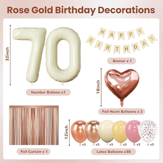 70th Birthday Decorations for Women, Retro Sand White and Cream Balloon Garland Kit, Cream Number 70 Balloon, Pink Happy 70th Banner, Milestone Party Supplies