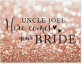 Andaz Press Personalized Wedding Party Signs, Glitzy Rose Gold Glitter, 8.5x11-inch, Uncle Josh, Here Comes Your Bride, Ring Bearer or Flower Girl Sign, 1-Pack, Bokeh Colored Party Supplies, Custom