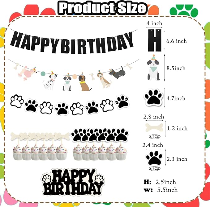 Dog Themed Puppy Paw Cake Toppe Happy Birthday Party Banner for Girls & Women DIY Party Supplies (Banner+Cake Topper)