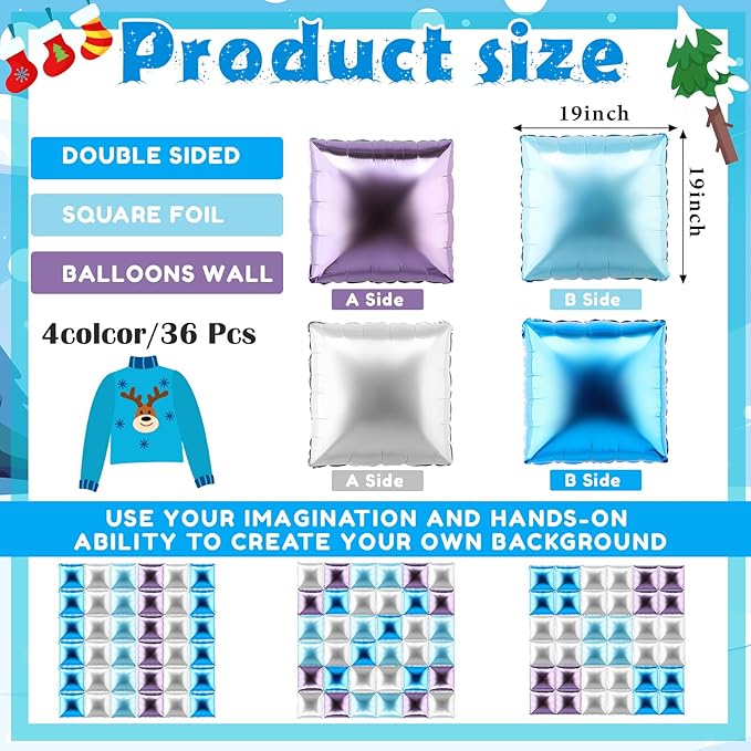 36 Pcs Winter Birthday Party Decorations Balloons Princess Snowflake Blue Purple Silver Brick Square Foil Balloon Wall Arch Kit Backdrop Double Sided Metallic Cartoon Party Supplies