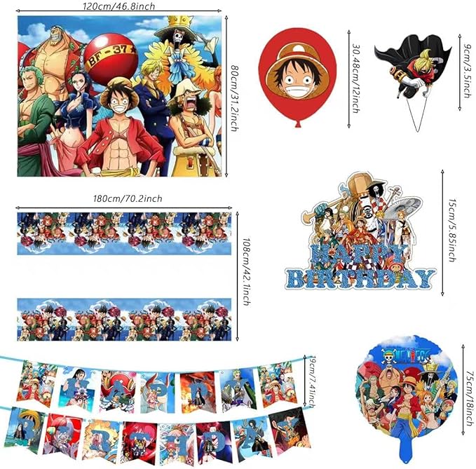 43Pcs For One Piece Birthday Party Supplies: 1 Banner, 1 Tablecloth, 1 Backdrop, 1 Cake Topper, 24 Cupcake Toppers, 15 Balloons, 2 Aluminum Balloons for Kids Boys Theme Party Decorations
