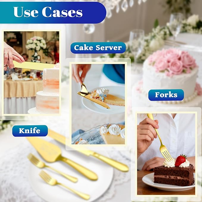 Cake Cutting Set for Wedding, Elegant Cake Knife and Server Set with Stainless Steel Forks, Cake Cutter and Pie Spatula for Engagements, Anniversary, Bride and Groom, 4Pcs, Gold