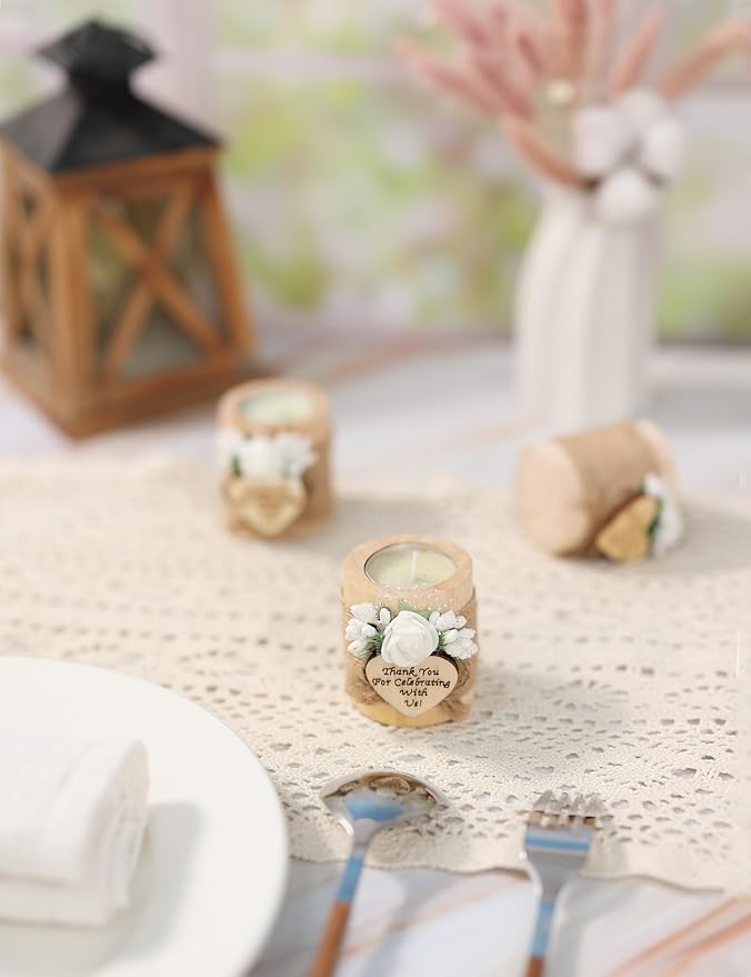 Ju's Favors 10 Piece Set of Wooden Tealight Candle Holders, Wedding Party Guest Favors, Thank You Favors, Guest Return Favors, Bridal Shower, Housewarming Gifts for Guests. (Light Brown+Rose)