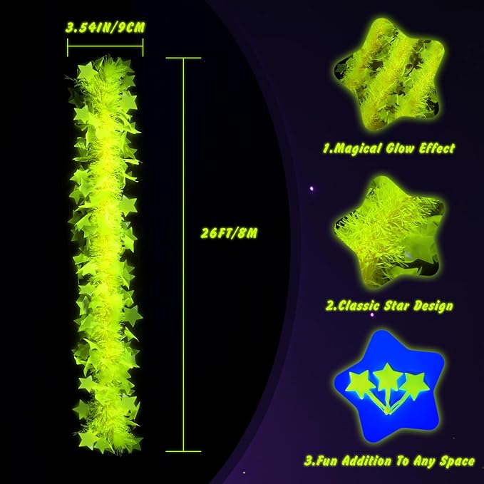 Mega-L Glow in The Dark Party Supplies, 26ft Fluorescent Yellow Star Neon Garland Decorations Cute Hanging Ceiling Decorations for Birthday Party Home Wall Decor