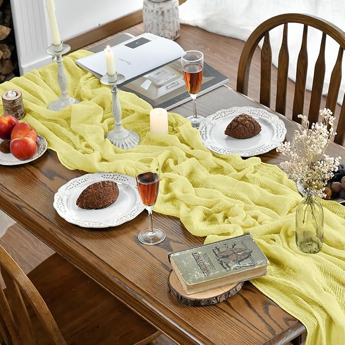 Artoid Mode Boho Light Yellow Gauze Wedding 6Pcs Table Runner, 120 Inch Seasonal Fabric Kitchen Dining Holiday Table Decor for Home Party Indoor