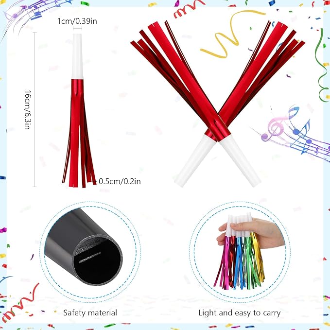 30 Pcs Gold Noise Makers, Metallic Fringed Party Horns for New Year Party Favor Supplies, Red