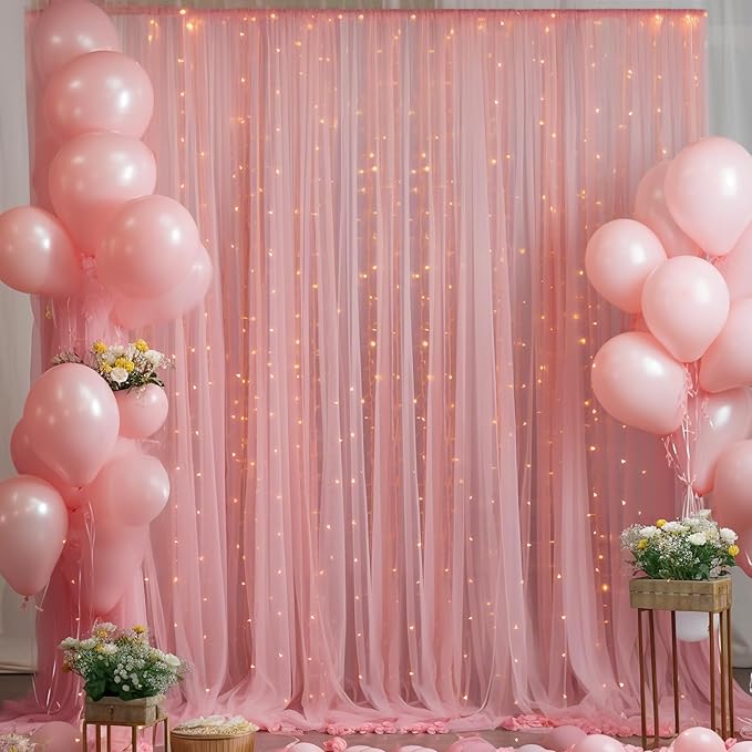 10x10ft Dusty Rose Tulle Backdrop Curtain with Lights String for Parites, Sheer Photo Backdrop Drapes for Wedding Baby Shower Bridal Shower Birthday Party Photo Shoot Background Decorations