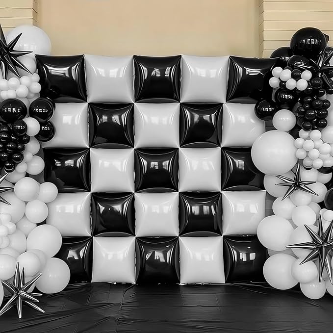 Black and White Square Foil Balloons Wall, Double Sided Chrome Black White Balloons Tunnel Arch Kit Backdrop for Checkerboard Racing Themed Birthday Graduation Wedding Party Decorations
