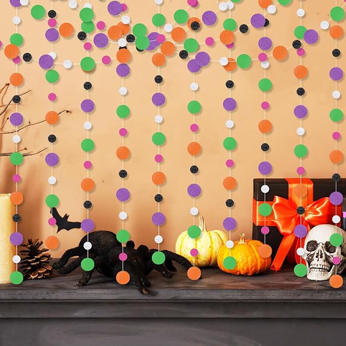 Outus 10 Pieces Orange,Black,Purple,Green,White Round Dots Garland Easter Graduation Party Hanging Decor Each Length 13.1ft Glitter Paper Dot Streamers for Birthday Wedding Classroom