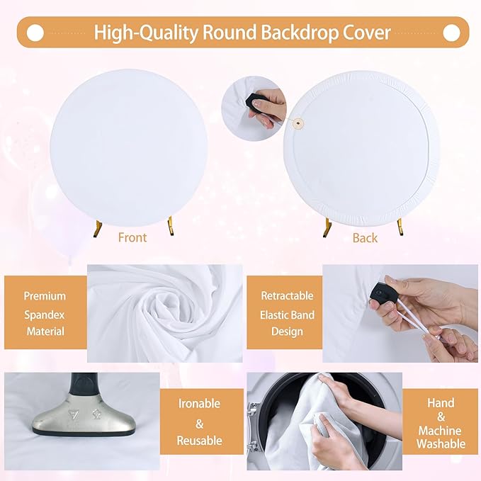 Gallety 7.2FT White Round Backdrop Cover with Size Adjuster & 4 Metal Clips, Universal Fit for 5ft-7.2ft Circle Stand, Polyester Fabric Arch Cover for Wedding, Birthday Party, Videos Photography Decor