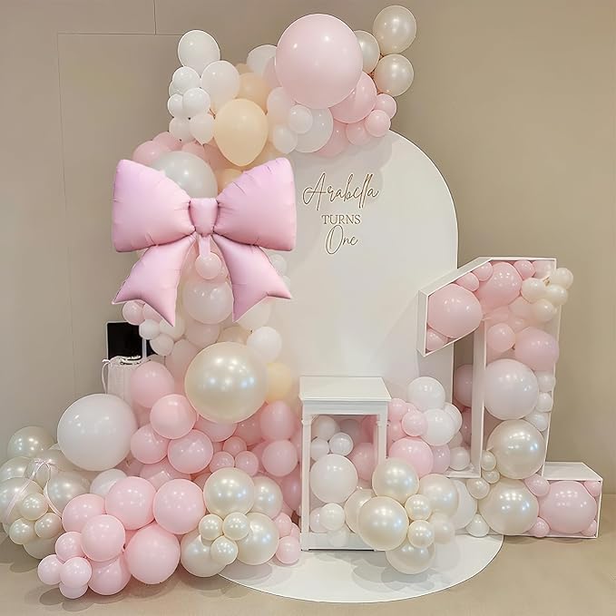 Double Stuffed Pearl White and Pink Balloon Arch Garland Kit, Pearl White Beige with Pink Bow Foil Balloons for Girls Women Wedding Bridal Baby Shower Bachelorette Coquette Birthday Party Decorations