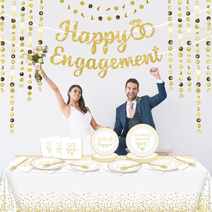 100PCS Engagement Party Decorations She Said Yes Paper Plates Napkins Wedding Tablecloth Glitter Happy Engagement Banner Golden Streamers Garland for Bachelorette Bridal Shower Supplies for 24 Guests