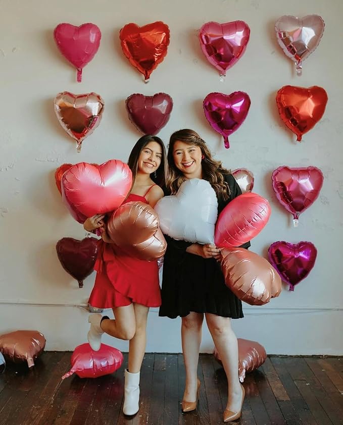 Rose Gold & Pink Heart Balloons - 10 Pcs 18 Inch Foil Heart Shaped Balloons for Girls Women - Red Light - Valentines Day, Birthday, Wedding, Baby Shower, Bridal Party Decorations