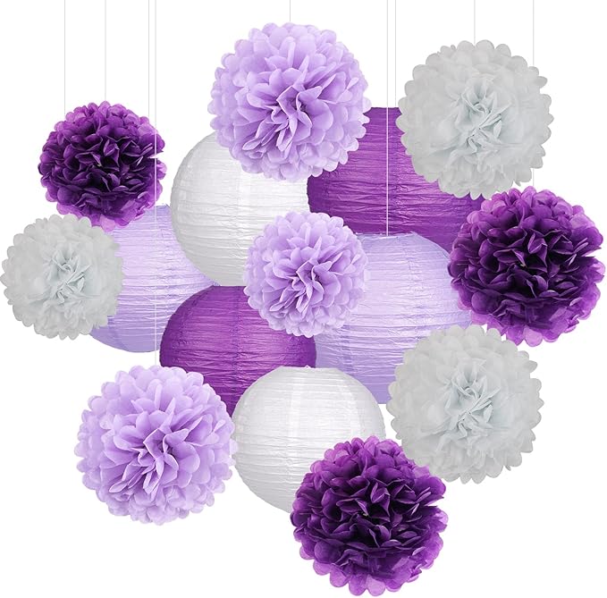 zilue Purple Party Decorations, Paper Lanterns and Pom Poms Flowers for Birthday Party Baby Shower Bachelorette Decor Purple Pack of 15 Pieces