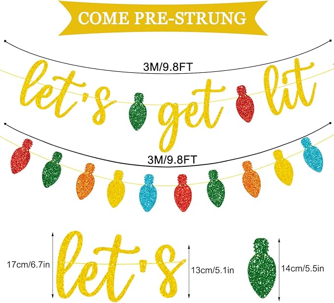 JOZON Gold Glittery Let's Get Lit Banner and and Colorful Glittery Christmas Lightbulb Themed Banner Christmas Garland Signs Christmas Holiday Party Supplies for Mantle Fireplace Wall