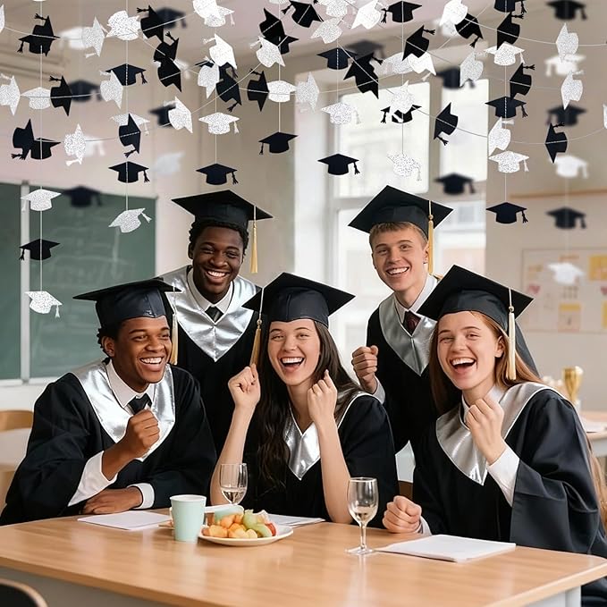 Black and Silver Graduation Garland Graduation Party Decorations Class of 2026 Grad Cap Garland Banner Streamers for Grad Party Hanging Decorations 39Feet